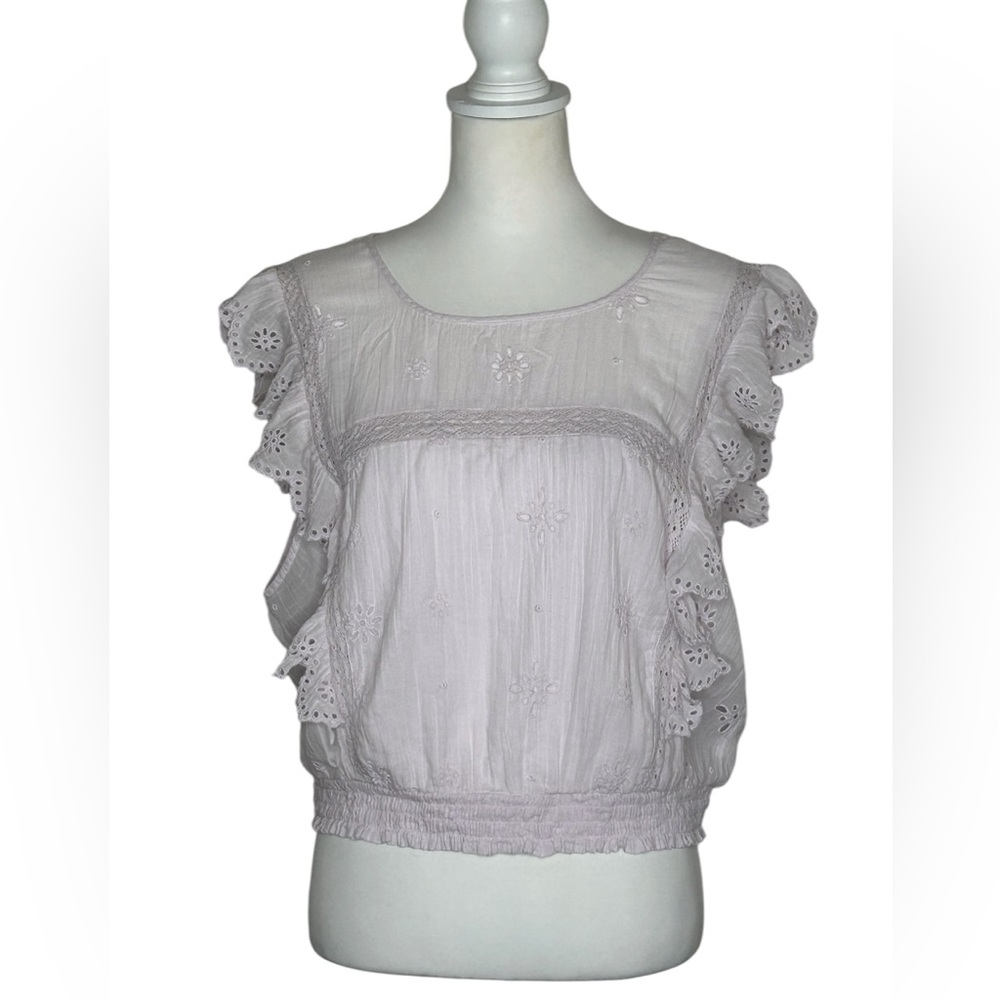 aerie EUC Light Lavender Eyelet Flutter Sleeve Cotton Top Sz XL Boho Prairie